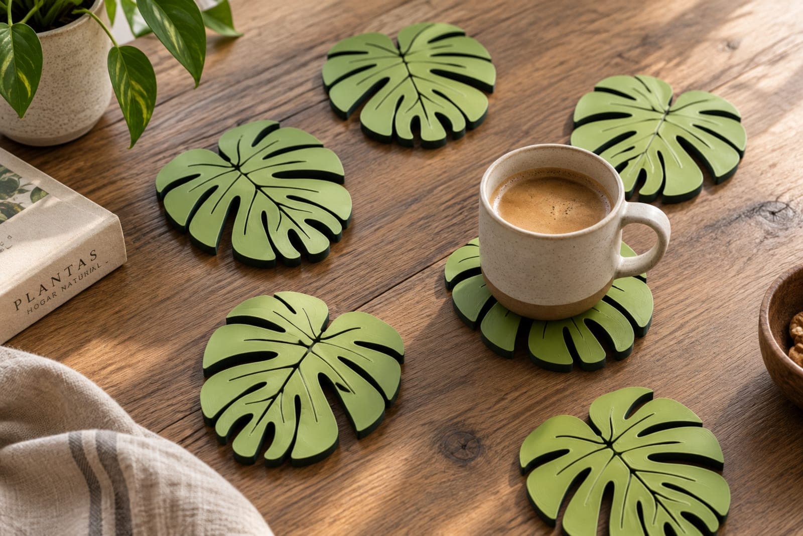 Seis posavasos con forma de hoja de monstera en verde, sobre una mesa de madera, uno con una taza de café encima.