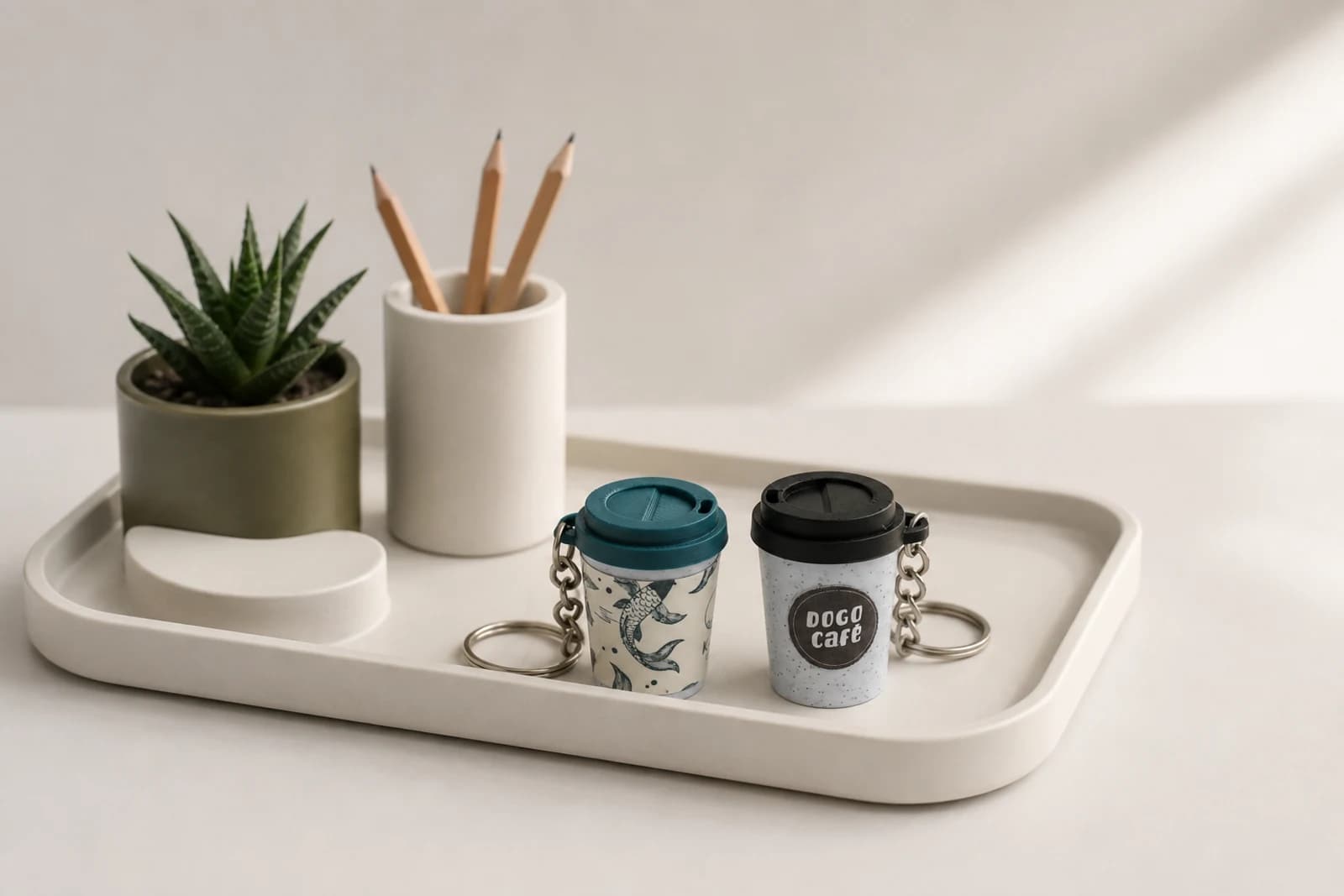 Dos llaveros con forma de vaso de café para llevar, uno con estampado de peces koi y otro con la etiqueta de DOGO café, sobre una charola clara.