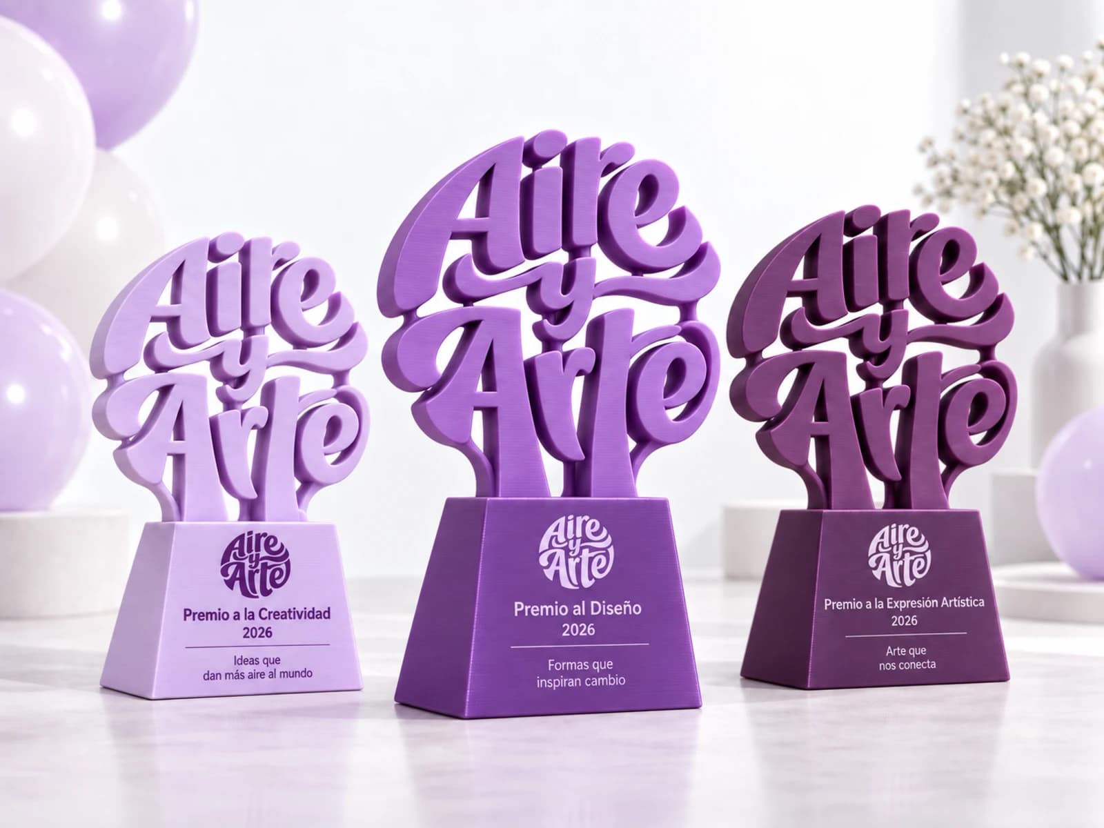 Tres trofeos con el logotipo de Aire y Arte en tres tonos de morado, cada uno con el nombre del premio, el año y una frase en la base.